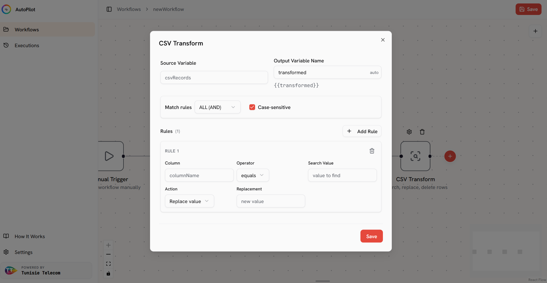 A transform node's dialog showing the input-variable dropdown, node options, and output variable name