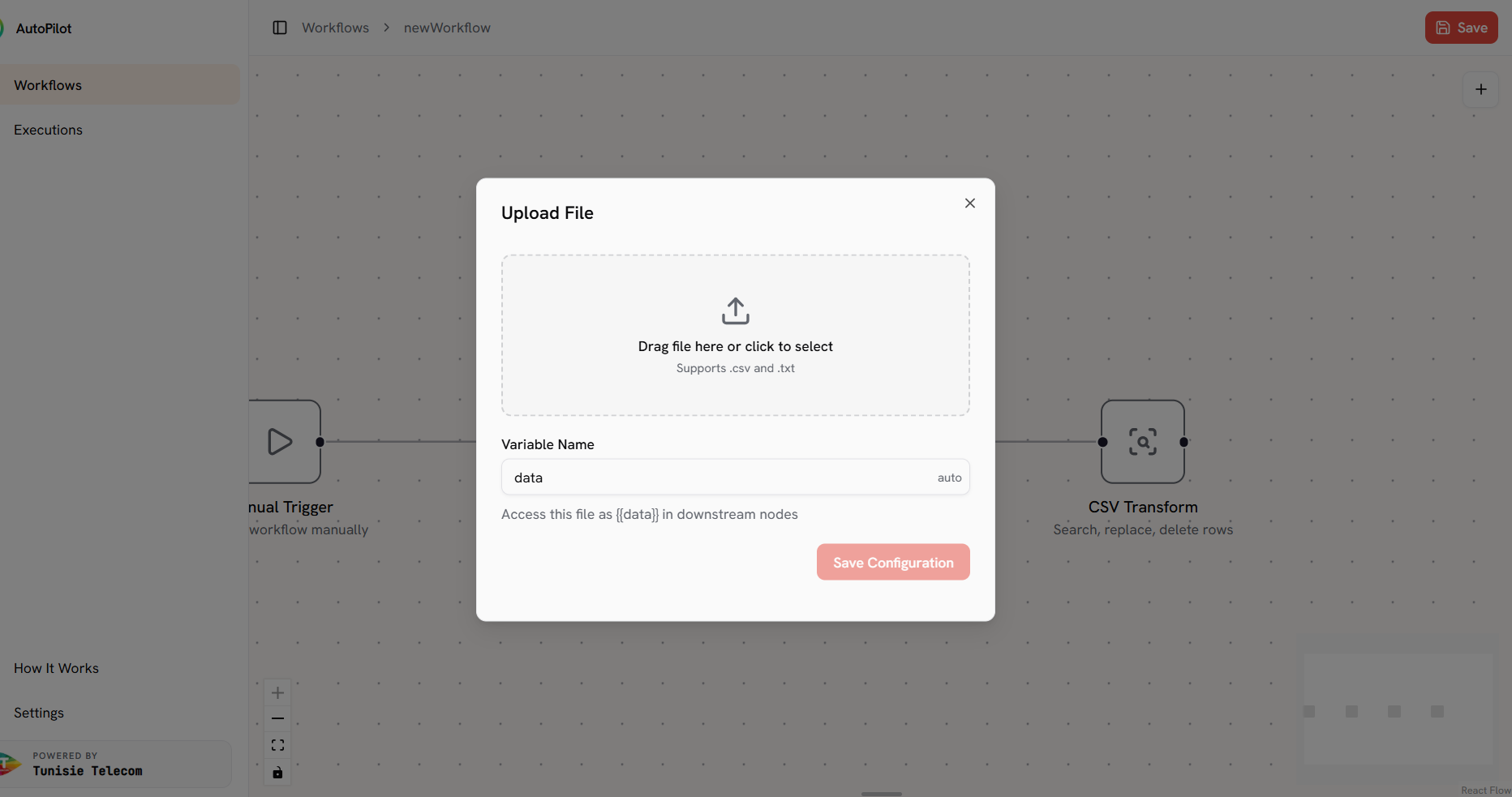 The Upload File configuration dialog with drop-zone and variable name field