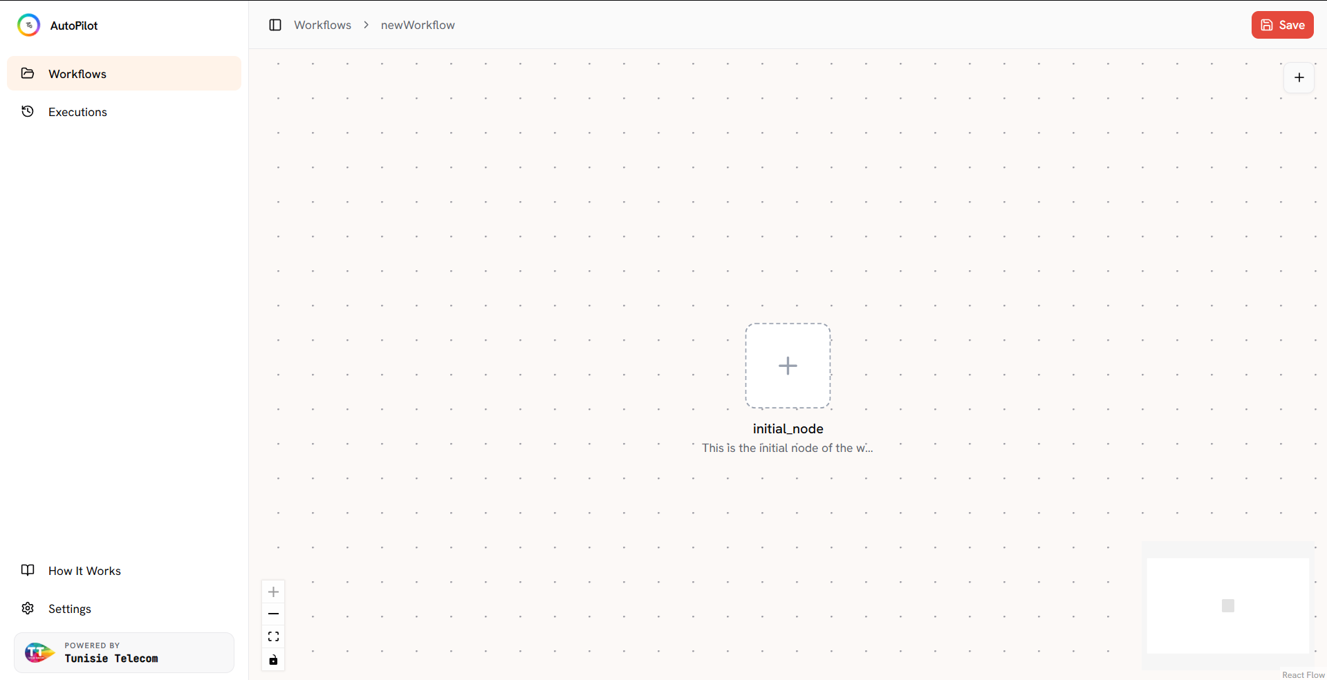 The empty editor canvas with the initial Start node and dashed + tile