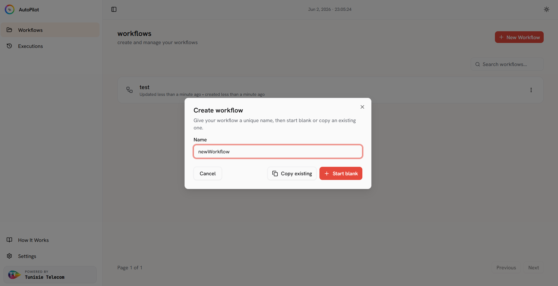 The New Workflow dialog — name field with Start blank and Copy existing buttons