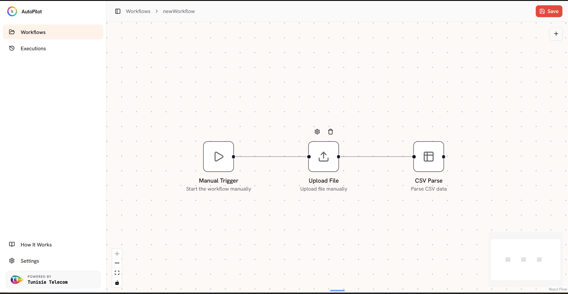 Editor canvas showing Manual Trigger → Upload File → CSV Parse connected by curved links