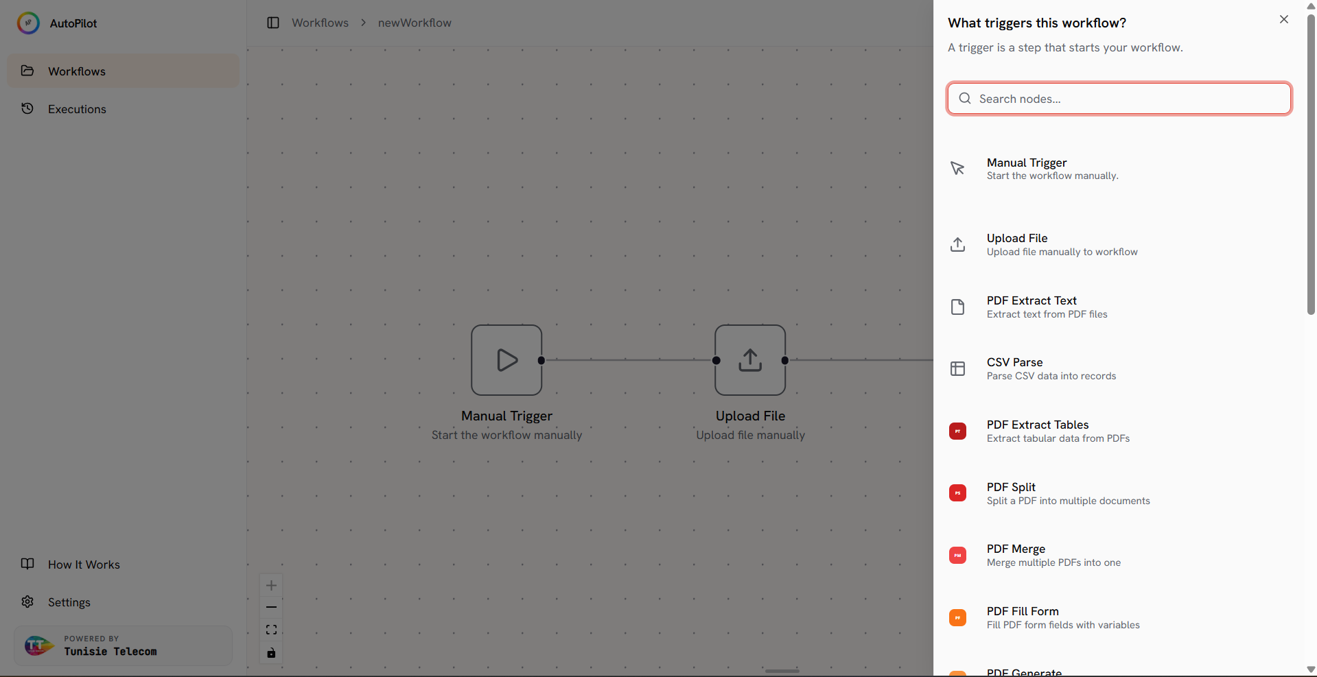 The node picker panel showing a searchable list of nodes