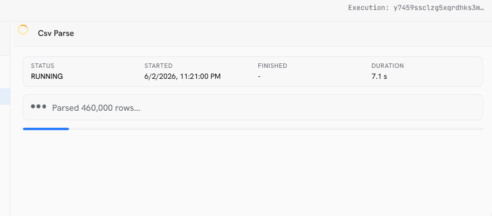 Progress panel mid-run showing node list with status indicators and a progress bar