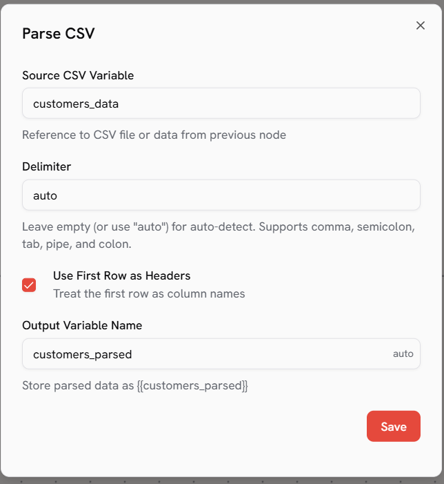 A node dialog showing the input variable dropdown and auto-suggested output variable name